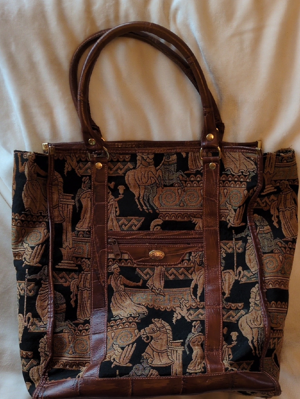 Arizzo Italian Classic Brown Tapestry Tote Bag with Leather Trim